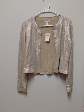 Chico's Metallic Trim Open-Front Cardigan in Champagne, Size Small